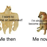 Where did our aspirations go? | I want to become an astronaut! I’m struggling to become a firefighter; Me then; Me now | image tagged in memes,buff doge vs cheems | made w/ Imgflip meme maker