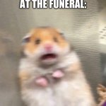 Surprised hamster | ME: SHIFTS TO A MORE COMFORTABLE SLEEPING POSITION; EVERYONE ELSE AT THE FUNERAL: | image tagged in surprised hamster,funeral,still alive,as you can see i am not dead,shocked,hamster | made w/ Imgflip meme maker