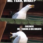 Inhaling Seagull | MUM: *CALLS MY NAME FROM ANOTHER ROOM; ME: YEAH, WHAT? [SILENCE]

ME: *TAKING A BIG BREATH; ME: YEAAHHH WHHAAAT?! | image tagged in memes,inhaling seagull | made w/ Imgflip meme maker