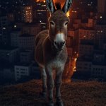 Donkey in front of burning city