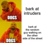 free epic Sahawiq | bark at intruders; DOGS; bark at the random guy walking on the other side of the street; DOGS | image tagged in memes,drake hotline bling | made w/ Imgflip meme maker