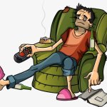 Cartoon man in recliner with remote