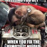 idk | THAT FEELING YOU GET; WHEN YOU FIX THE REMOTE(IT NEEDED ITS BATTERIES CHANGED) | image tagged in monkey mechanic | made w/ Imgflip meme maker