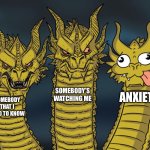 Can we all agree somebody that I used to know was peak | SOMEBODY’S WATCHING ME; ANXIETY; SOMEBODY THAT I USED TO KNOW | image tagged in three-headed dragon | made w/ Imgflip meme maker
