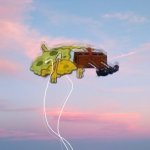 Spongebob levitates with headphones