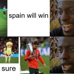 cr7-siuuuuuuuuuuuuuuuuuuuuu? | spain will win; are u sure | image tagged in disappointed black guy | made w/ Imgflip meme maker