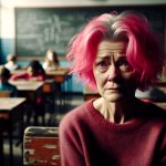 Adult with pink hair crying in class