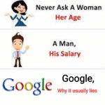 And never ask Jim Benton why Dear Dumb Diary ended. | Google, Why it usually lies | image tagged in never ask a woman her age | made w/ Imgflip meme maker
