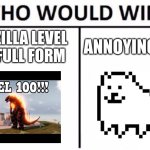 Who Would Win? | GODZILLA LEVEL 100 FULL FORM; ANNOYING DOG | image tagged in memes,who would win | made w/ Imgflip meme maker