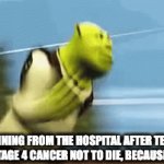 Am I wrong, though? | ME RUNNING FROM THE HOSPITAL AFTER TELLING A GUY WITH STAGE 4 CANCER NOT TO DIE, BECAUSE IT'S DEADLY | image tagged in gifs,shrek running | made w/ Imgflip video-to-gif maker