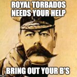 Your country needs you  | ROYAL TORBADOS NEEDS YOUR HELP; BRING OUT YOUR B'S | image tagged in your country needs you | made w/ Imgflip meme maker