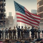 U.S. Marines raising American flag in riot-torn city.