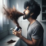 Man dry scooping coffee grounds directly into his mouth from the