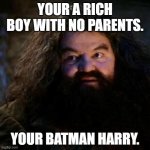 You're a wizard harry | YOUR A RICH BOY WITH NO PARENTS. YOUR BATMAN HARRY. | image tagged in you're a wizard harry | made w/ Imgflip meme maker