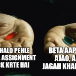 Red pill blue pill | TO CHALO PEHLE AAP KA ASSIGNMENT CHECK KRTE HAI; BETA AAP AAGE AJAO, AAGE JAGAH KHALI HE NA | image tagged in red pill blue pill | made w/ Imgflip meme maker