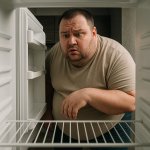 Fat guy looking in the fridge