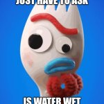 Forky Asks a Question | JUST HAVE TO ASK; IS WATER WET | image tagged in forky asks a question | made w/ Imgflip meme maker