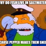 Daily Bad Dad Joke June 11, 2025 | WHY DO FISH LIVE IN SALTWATER? BECAUSE PEPPER MAKES THEM SNEEZE. | image tagged in me white whale | made w/ Imgflip meme maker