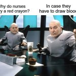 joke time | In case they have to draw blood; Why do nurses carry a red crayon? | image tagged in lou and mini lou,kewlew,joke | made w/ Imgflip meme maker