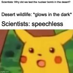 Surprised Pikachu | Scientists: Why did we test the nuclear bomb in the desert? Desert wildlife: *glows in the dark*; Scientists: speechless | image tagged in memes,surprised pikachu | made w/ Imgflip meme maker