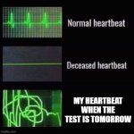 when you forget the test | MY HEARTBEAT WHEN THE TEST IS TOMORROW | image tagged in heartbeat rate | made w/ Imgflip meme maker