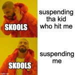 Drake Hotline Bling Meme | suspending tha kid who hit me; SKOOLS; suspending me; SKOOLS | image tagged in memes,drake hotline bling,funny,dirty | made w/ Imgflip meme maker