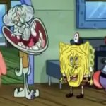 Patrick, Squidward, Spongebob and Mr Krabs with an ugly face