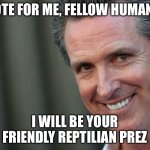 Gavin Newsom | VOTE FOR ME, FELLOW HUMANS; I WILL BE YOUR FRIENDLY REPTILIAN PREZ | image tagged in gavin newsom,reptilians,politics,political meme | made w/ Imgflip meme maker