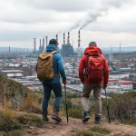 People looking over an industrial district