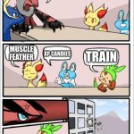 real | WE NEED TO GET STRONG; XP CANDIES; TRAIN; MUSCLE FEATHER | image tagged in pokemon board meeting,train | made w/ Imgflip meme maker