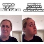 The real reason transwomen wanna pass | WANTING TO PASS AS TO SCREW WITH TRANSPHOBIC DUDES INSECURE IN THEIR SEXUALITY; WANTING TO PASS SO I'M DESIRABLE TO CISHET MEN | image tagged in no yes lady | made w/ Imgflip meme maker