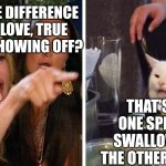 Smudge that darn cat with Karen | WHAT'S THE DIFFERENCE BETWEEN LOVE, TRUE LOVE, AND SHOWING OFF? THAT'S EASY. ONE SPITS, ONE SWALLOWS, AND THE OTHER GARGLES | image tagged in smudge that darn cat with karen | made w/ Imgflip meme maker