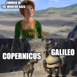 Shrek and Donkey laughing at Fiona | WAIT, SO YOU THINK NOBODY WILL BELIEVE THE HELIOCENTRISM? CATHOLIC CHURCH IN THE MODERN AGES; GALILEO; COPERNICUS | image tagged in shrek and donkey laughing at fiona | made w/ Imgflip meme maker