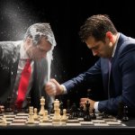 Two man playing chess with champagne