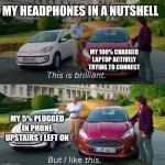Headphone bias? | MY HEADPHONES IN A NUTSHELL; MY 100% CHARGED LAPTOP ACTIVELY TRYING TO CONNECT; MY 5% PLUGGED IN PHONE UPSTAIRS I LEFT ON | image tagged in this is brilliant but i like this,headphones,technology,bias | made w/ Imgflip meme maker