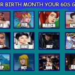 your birth month your 60s girl | YOUR BIRTH MONTH YOUR 60S GIRL; FEB; JAN; MARCH; APRIL; AUG; MAY; JULY; JUNE; DEC; SEP; NOV; OCT | image tagged in top 12 in-betweens of movies/tv,1960s,your birth month,marvel,mary poppins,dc comics | made w/ Imgflip meme maker