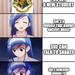 It's Luz (she's immune to the memory stuff because of lingering Titan magic) | YOU GET A NEW STUDENT; SHE'S A MUGGLE THAT KNOWS ANCIENT MAGIC; SHE CAN TALK TO SNAKES; SHE'S SOMEHOW IMMUNE TO MEMORY-ERASING SPELLS | image tagged in happiness to despair,the owl house,harry potter | made w/ Imgflip meme maker