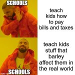 schools | SCHOOLS; teach kids how to pay bills and taxes; teach kids stuff that barley affect them in the real world; SCHOOLS | image tagged in memes,drake hotline bling | made w/ Imgflip meme maker
