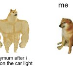 Buff Doge vs. Cheems | me; mymum after i turn on the car light | image tagged in memes,buff doge vs cheems | made w/ Imgflip meme maker