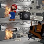Mario smashing computers with a forklift