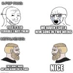 kpop vs metal | K-POP FANS:; YESS IT'S SO TERRIBLE I HATE THEM! WE HAVEN'T GOT A NEW SONG IN TWO WEEKS; METALHEADS:; NICE; THEY DIDN'T MAKE ANY NEW ALBUM FOR 15 YEARS | image tagged in chad we know | made w/ Imgflip meme maker