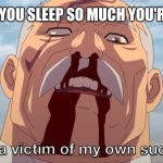 I am a victim of my own success | WHEN YOU SLEEP SO MUCH YOU'RE TIRED | image tagged in i am a victim of my own success | made w/ Imgflip meme maker