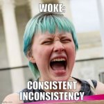 Woke | WOKE:; CONSISTENT
INCONSISTENCY | image tagged in person of color ed hair | made w/ Imgflip meme maker