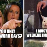 weekend immune system | WHY DO YOU ONLY GET SICK ON WORK DAYS? I MUST HAVE A WEEKEND IMMUNE SYSTEM | image tagged in smudge the cat | made w/ Imgflip meme maker