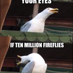 Inhaling Seagull Meme | YOU WOULD NOT BELIEVE; YOUR EYES; IF TEN MILLION FIREFLIES; LIT UP THE WORLD AS I FELL ASLEEP | image tagged in memes,inhaling seagull,music | made w/ Imgflip meme maker