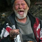 Drunk homeless russian man laughing