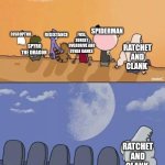 Insomniac Games | RESISTANCE; SPIDERMAN; FUSE, SUNSET OVERDRIVE AND OTHER GAMES; DISRUPTOR; SPYRO THE DRAGON; RATCHET AND CLANK; RATCHET AND CLANK | image tagged in regular show graves,insomniac games,ratchet and clank,spyro,spiderman,sony | made w/ Imgflip meme maker