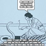 girl talking with snake | MR.SNAKE,WHY DID YOU GIVE EVE THE FRUIT? SNAKE: IT'S NOT MY FAULT. I WAS ON MY WAY AND SHE CALLED AND SAID,"ANYTHING FOR THE GIRLS?" AND THE FRUIT WAS THE ONLY THING ON ME | image tagged in girl talking with snake | made w/ Imgflip meme maker