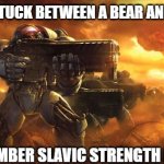 Terran | WHEN YOU'RE STUCK BETWEEN A BEAR AND A HARD PLACE; BUT YOU REMEMBER SLAVIC STRENGTH NEVER WAVERS | image tagged in terran,slavic lives matter,slavic starcraft | made w/ Imgflip meme maker