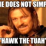One Does Not Simply Meme | ONE DOES NOT SIMPLY; "HAWK THE TUAH" | image tagged in memes,one does not simply | made w/ Imgflip meme maker